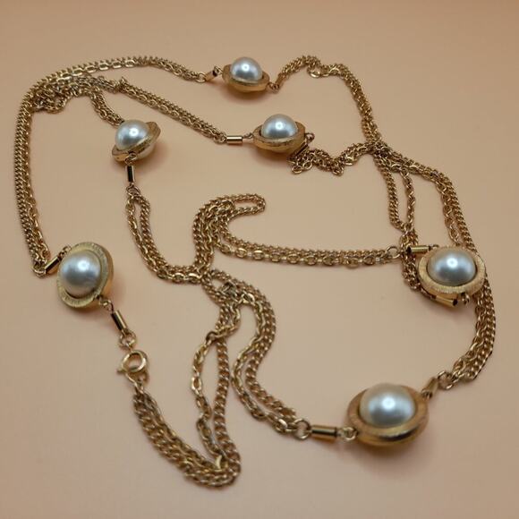 Vintage Long Two Strand Necklace, 6 Double Sided Faux Pearls, Gold Plated, 52 In - Picture 9 of 10